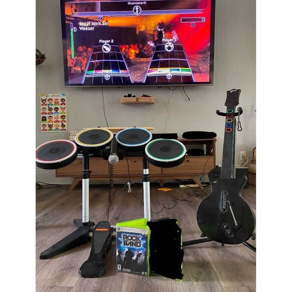 Xbox 360 Rock Band guitar hero Wireless band Kit Guitar Drums Mic Game Bundle